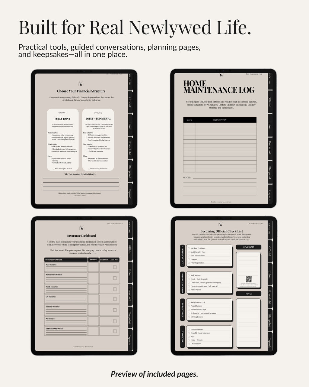 Digital newlywed worksheets, checklists, and planning page previews